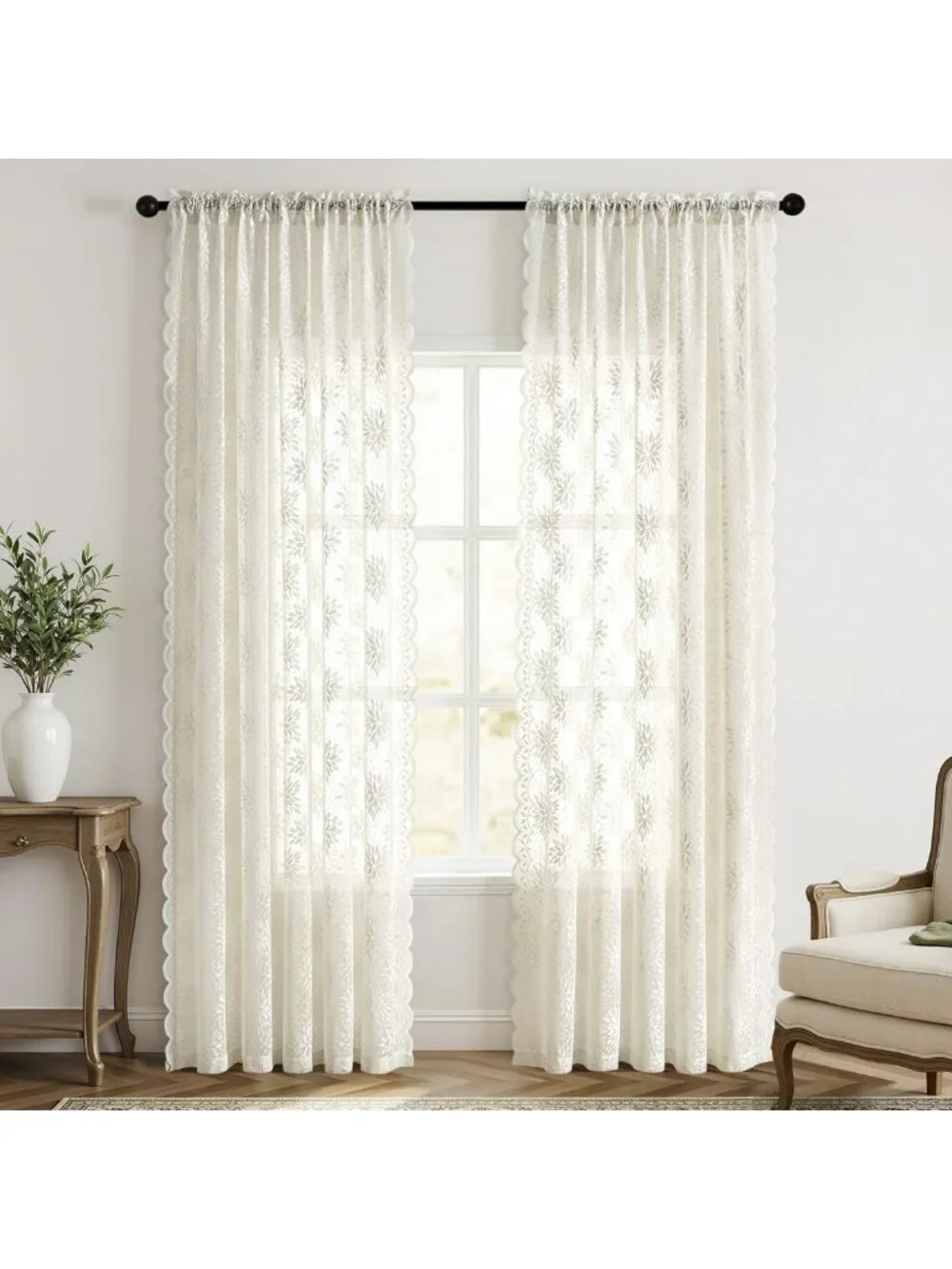Vintage Floral Lace Curtains, Scalloped Design, Ivory 52